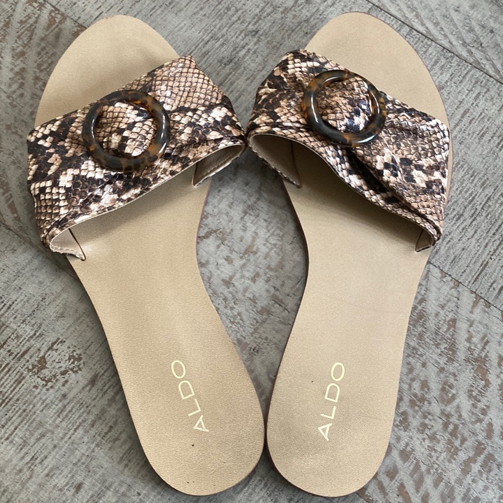 Womens Aldo Flats Sandals Slip Ons Snake Print